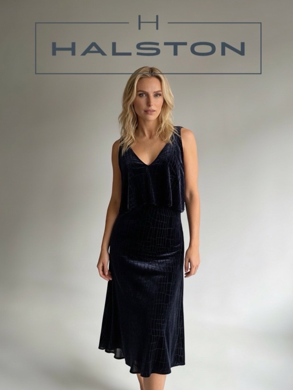 H by HALSTON Black Flounce Black Midi wDress - Size 4 NWT
